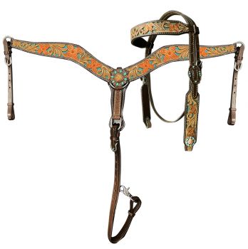 Showman Floral tooled design browband bridle with teal underlay and breast collar set with turquoise bead accent conchos
